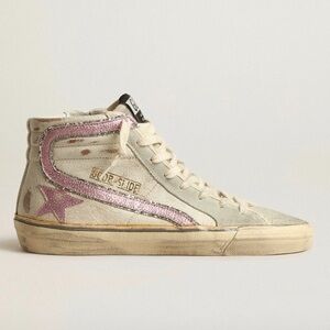 Golden Goose slide sneakers with metallic pink star accents